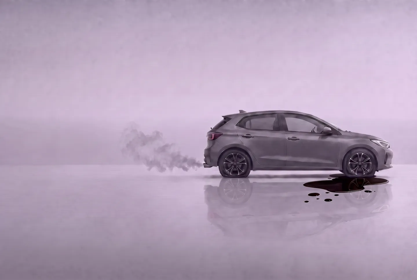 A muted grey hatchback with flat tyres, smoke at its exhaust and an oil puddle spreading beneath it