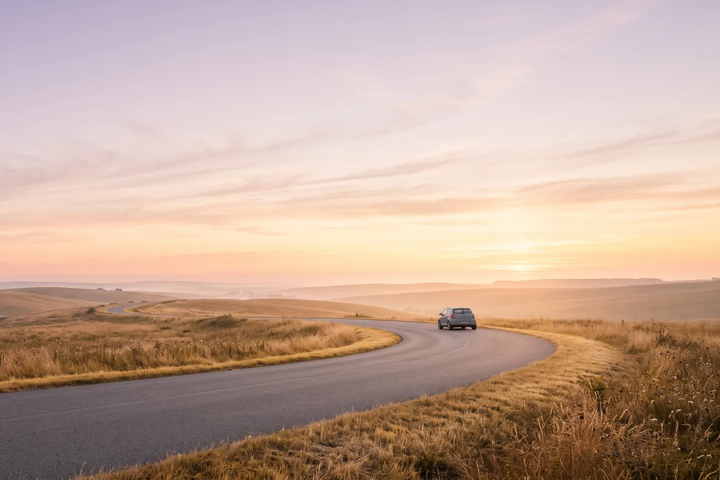 A grey hatchback on a quiet road curving through golden hills at sunrise