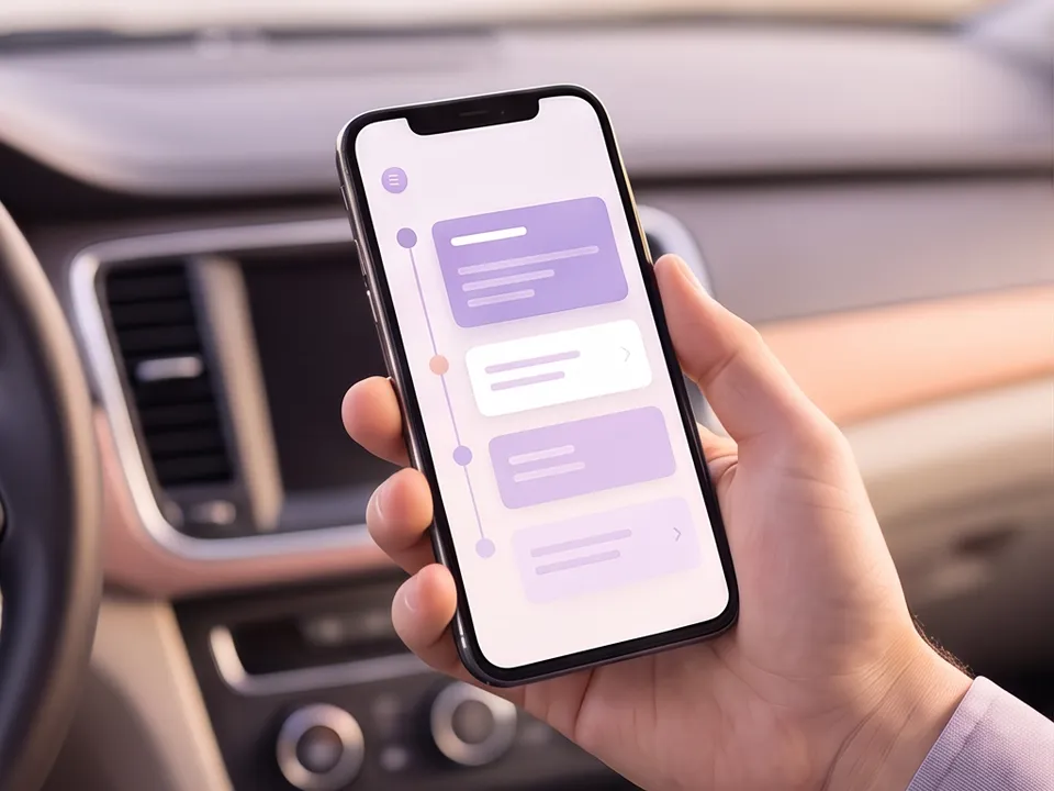A hand holding a phone with a car-care app timeline inside a car