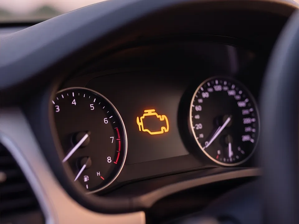 A car instrument cluster at dusk with the amber engine warning light on