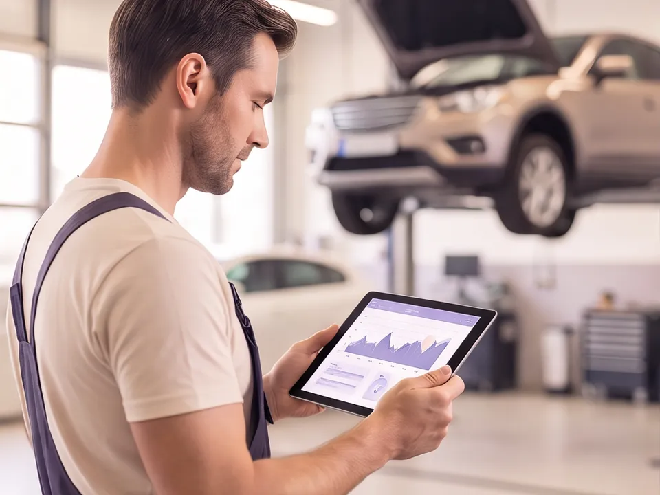 A mechanic reading diagnostic data on a tablet in a bright garage, a car raised on a lift behind him