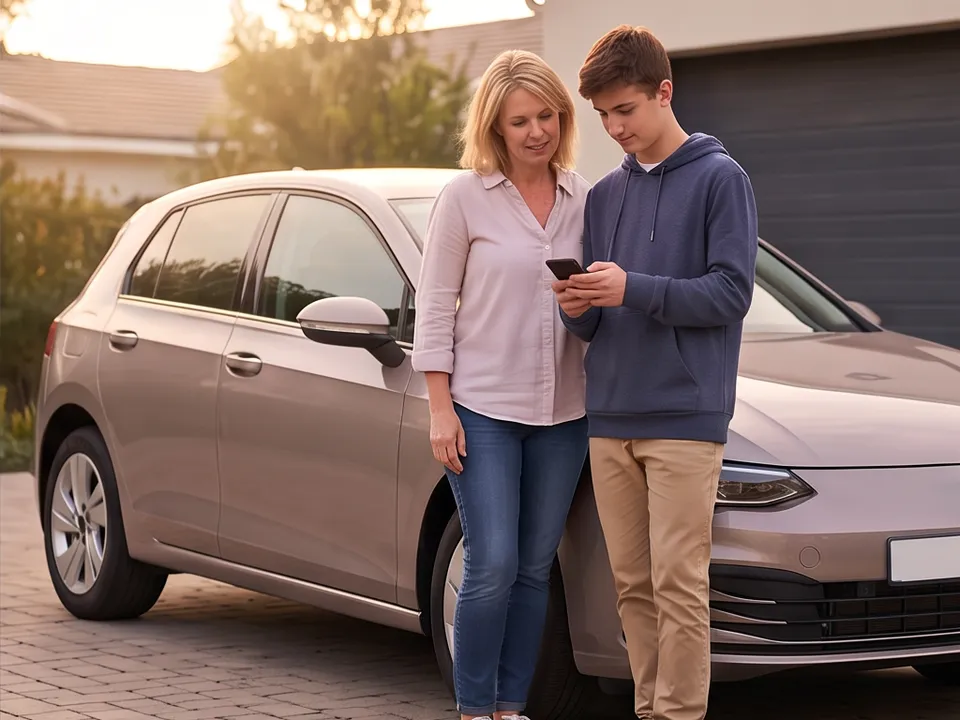 A parent and a teenager looking at a phone together beside their family car in the driveway