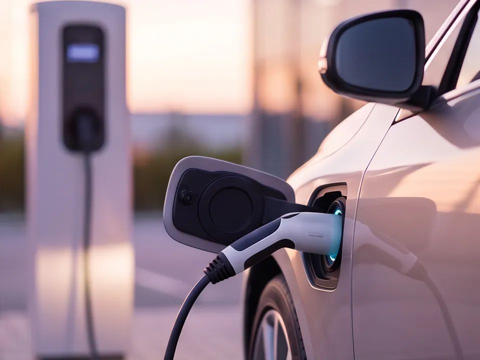 An electric car charging at a modern charging station in the evening