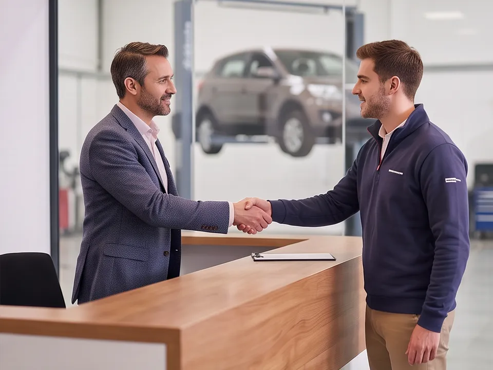 Two people shaking hands at the reception desk of a modern car-service workshop
