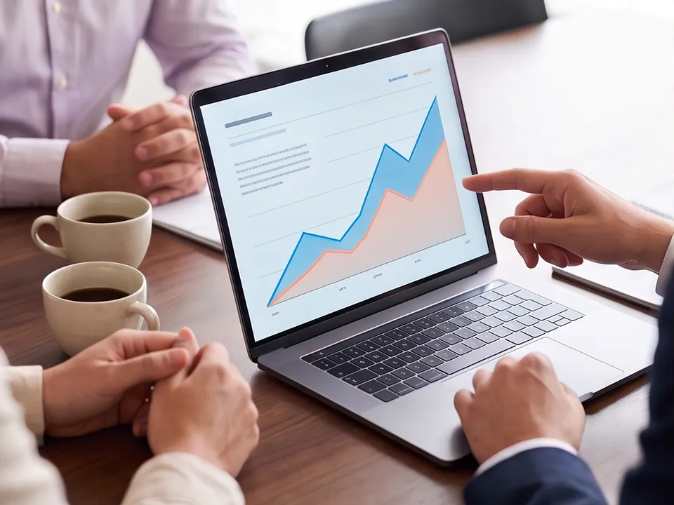Hands pointing at a rising chart on a laptop during a meeting, coffee cups on the table