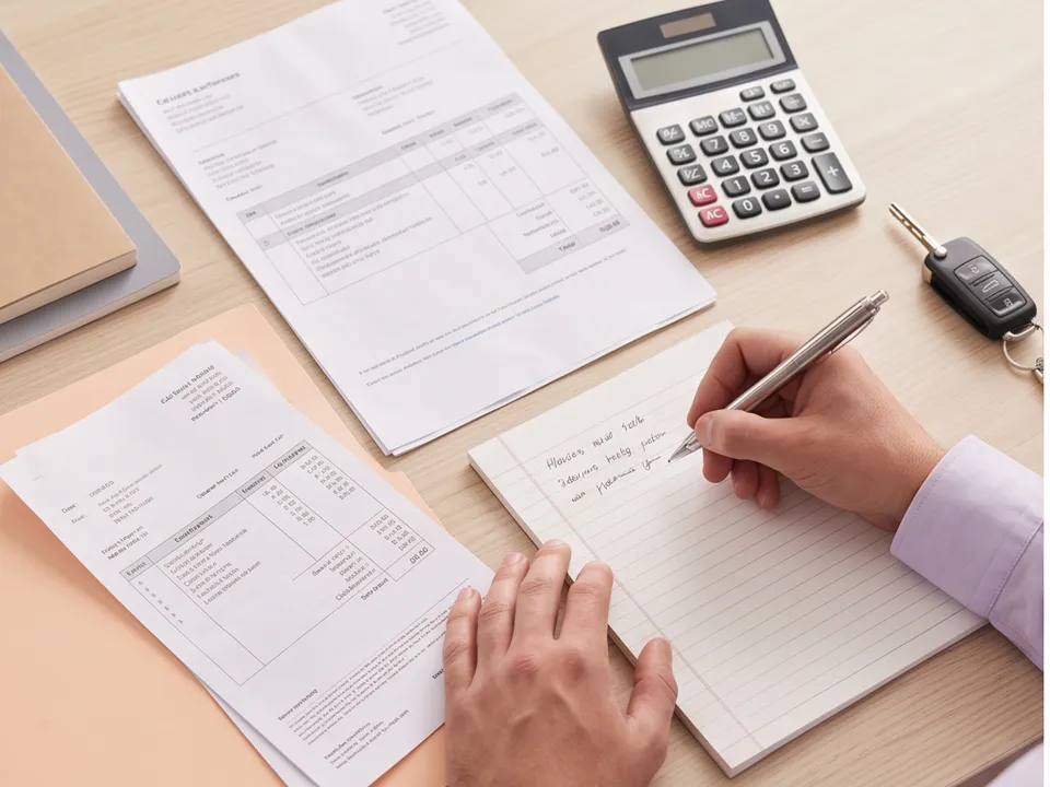 Car service receipts, a calculator and a car key on a desk while someone writes notes