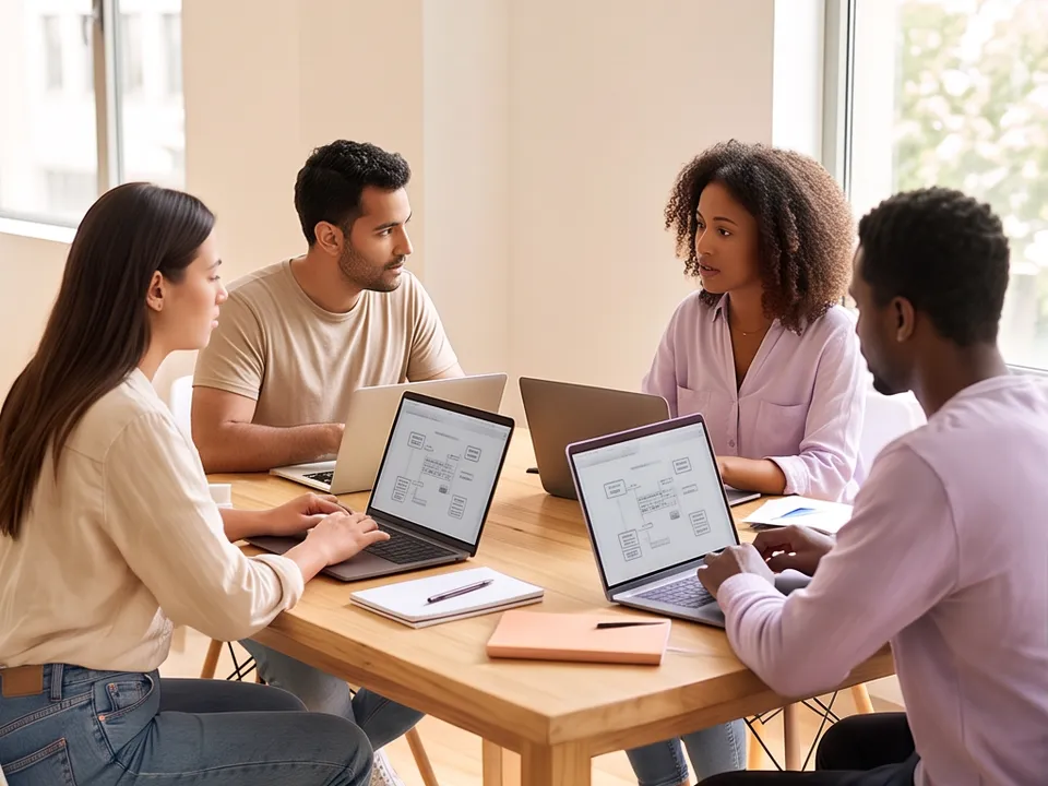 A small team working together around a wooden table with laptops in a bright office